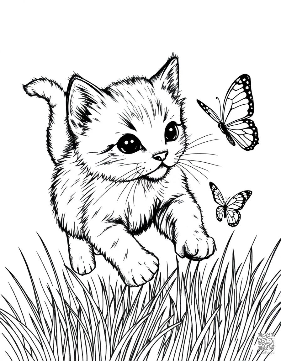 Free kitten chasing a butterfly coloring page in crosshatch style — printable line art