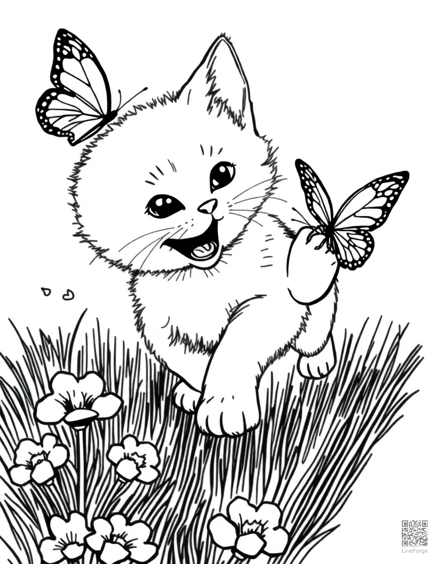 Kitten chasing a butterfly coloring page Manga style - free printable