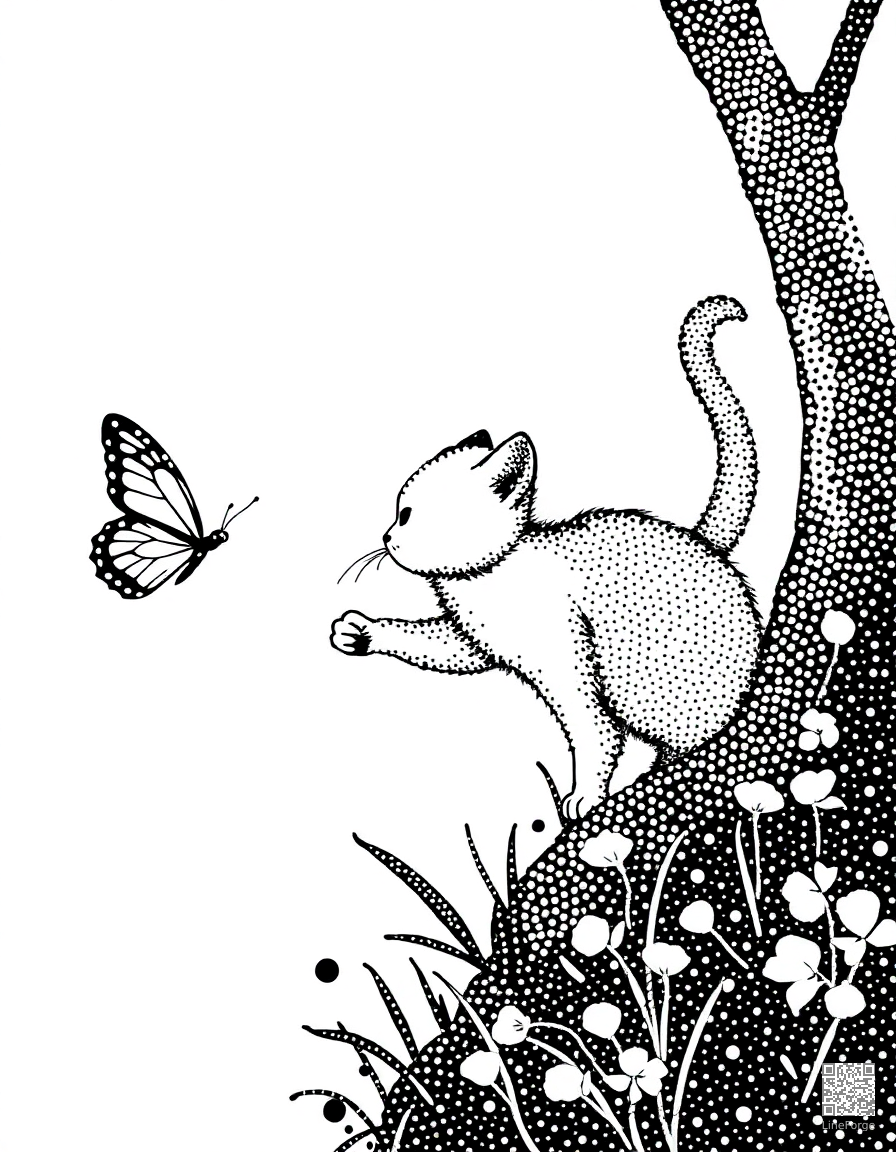 Free kitten chasing a butterfly coloring page in stipple style — printable line art