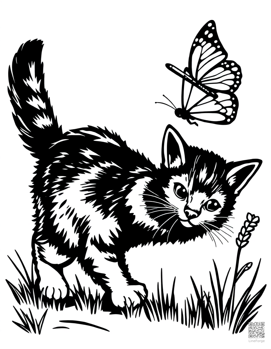 Kitten chasing a butterfly coloring page Woodcut style - free printable