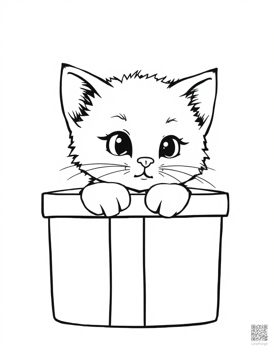 kitten peeking out of a gift box coloring page Contour style - free printable