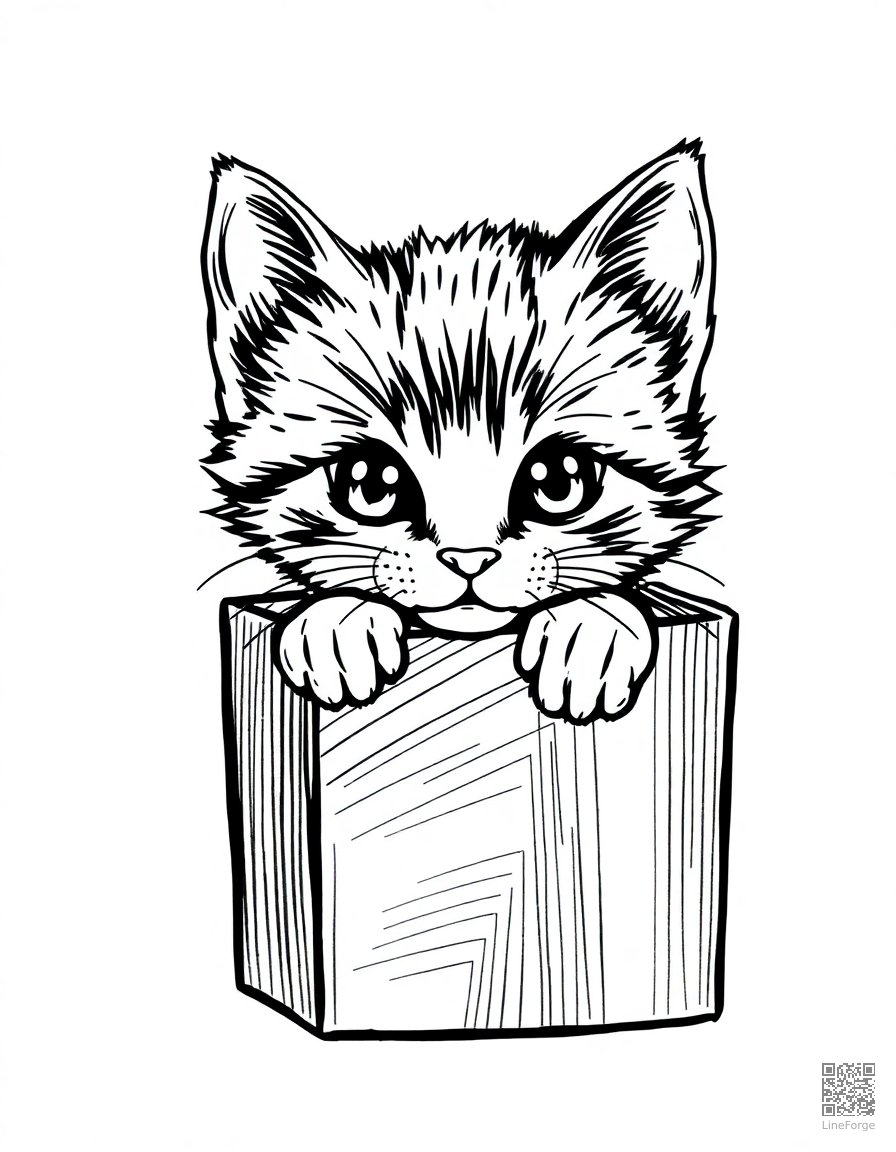 kitten peeking out of a gift box coloring page Crosshatch style - free printable