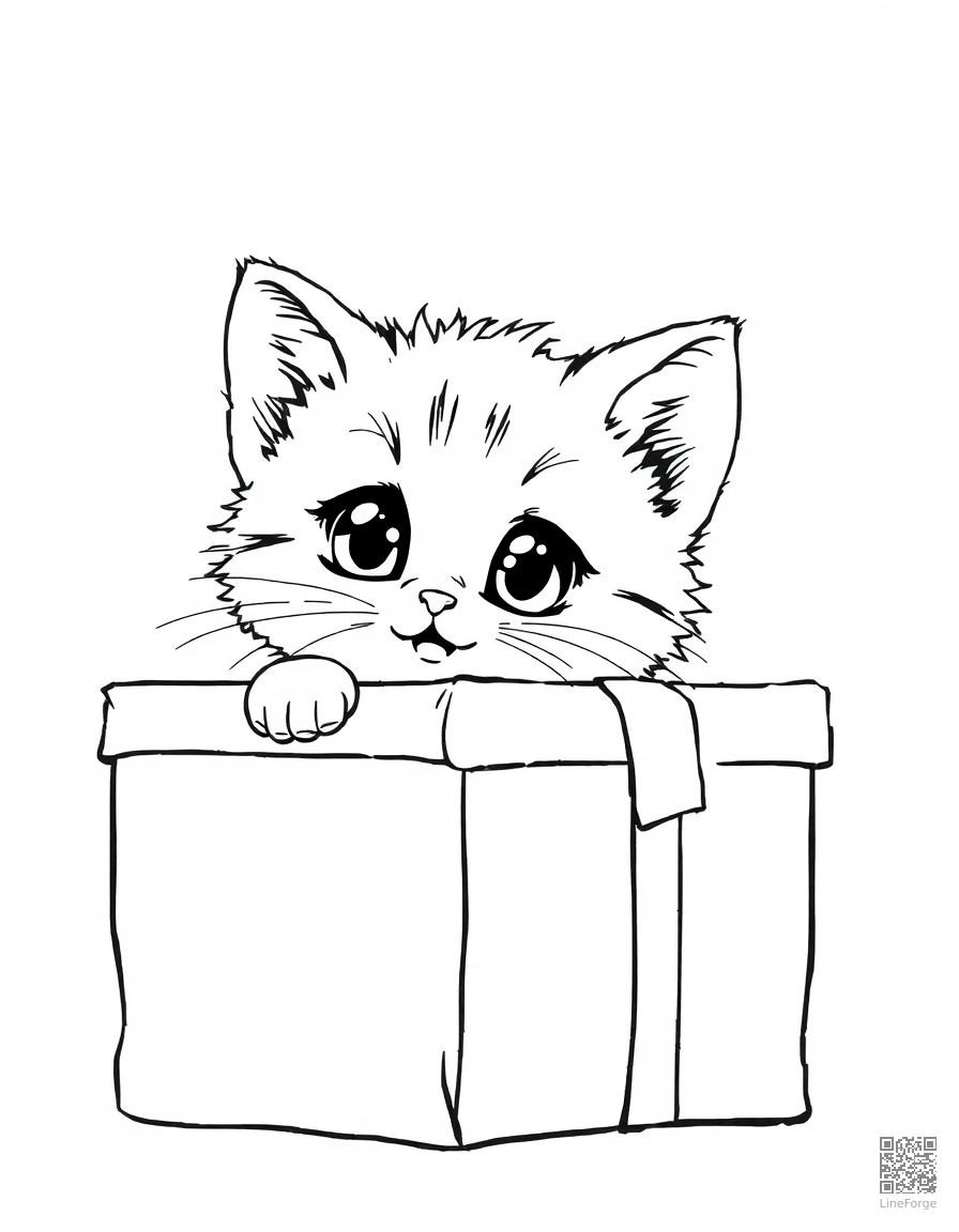 kitten peeking out of a gift box coloring page Manga style - free printable