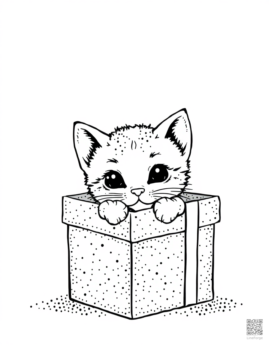 kitten peeking out of a gift box coloring page Stipple style - free printable