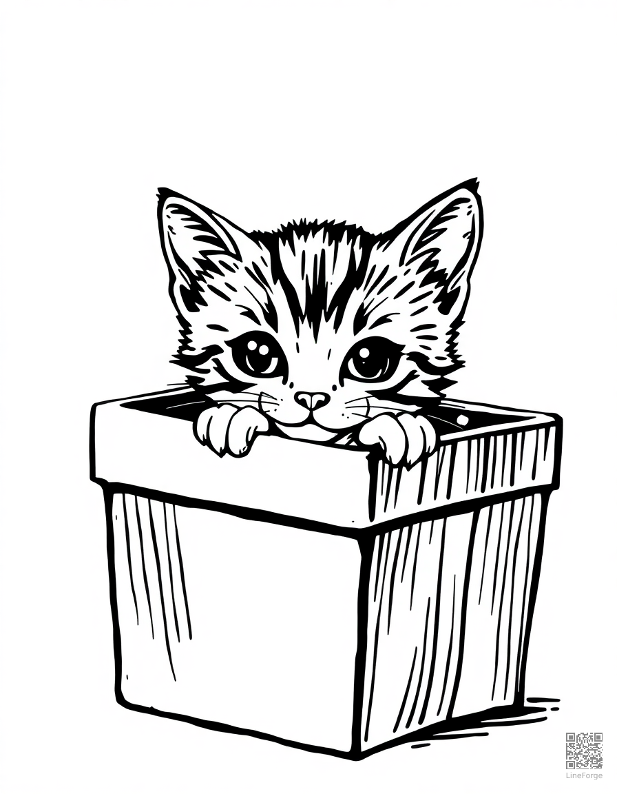 kitten peeking out of a gift box coloring page Woodcut style - free printable