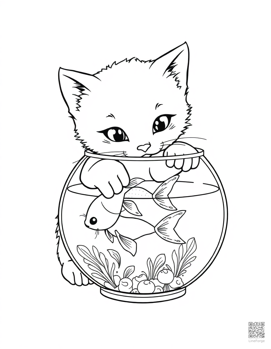 kitten playing with a goldfish bowl coloring page Contour style - free printable