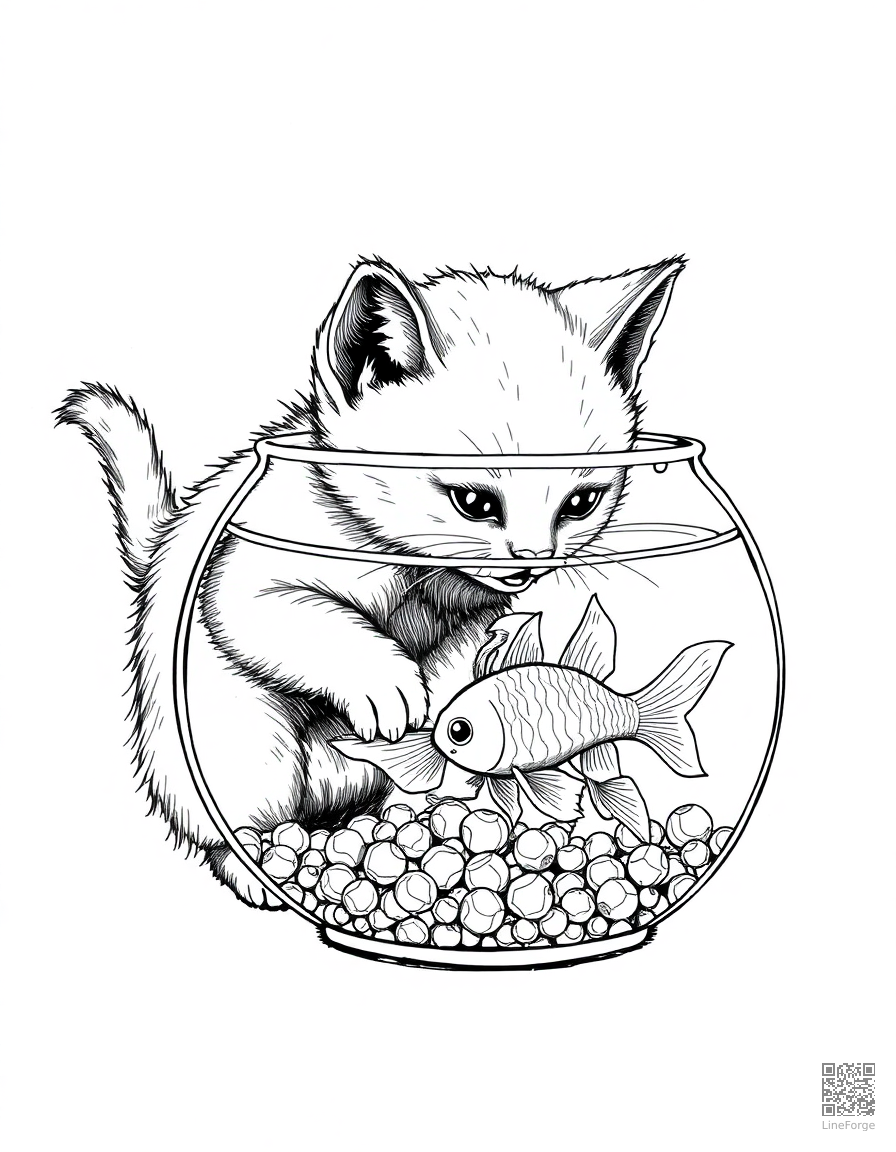 kitten playing with a goldfish bowl coloring page Crosshatch style - free printable