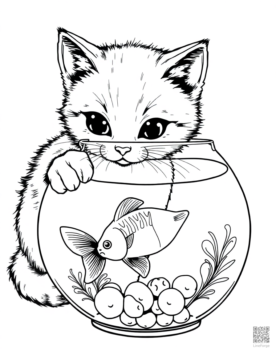 kitten playing with a goldfish bowl coloring page Manga style - free printable