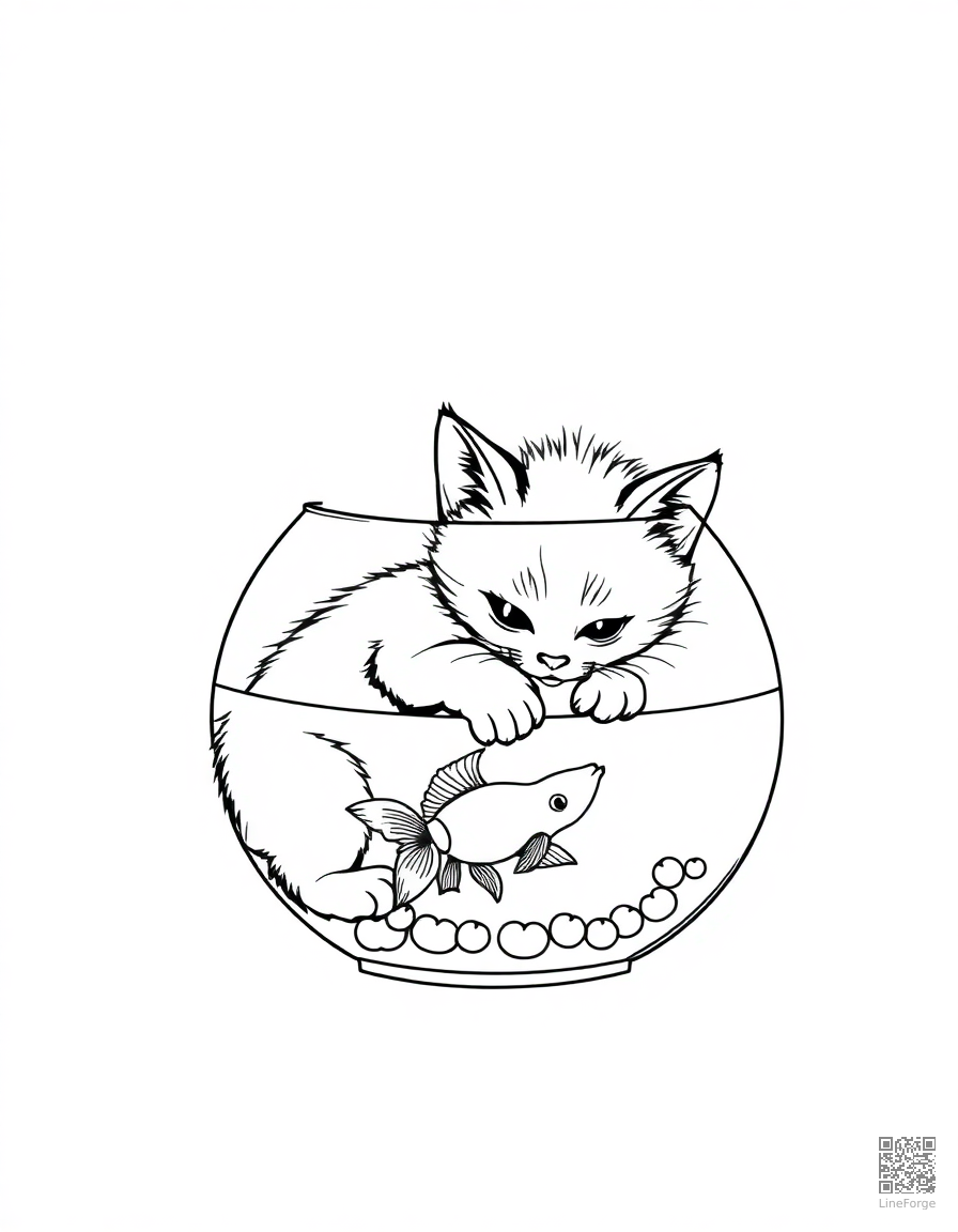 kitten playing with a goldfish bowl coloring page Minimal style - free printable