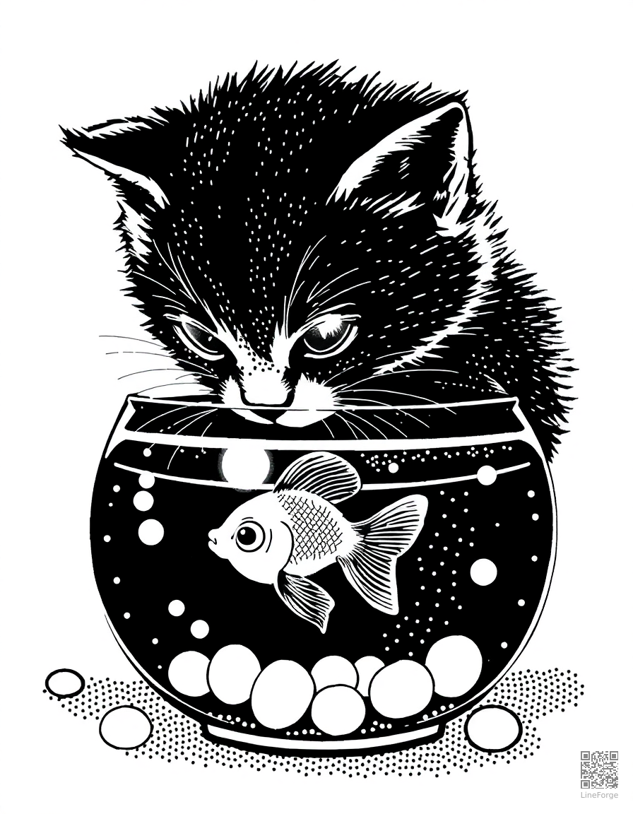 kitten playing with a goldfish bowl coloring page Stipple style - free printable