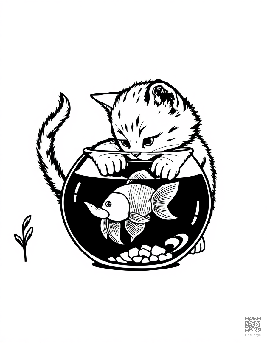 kitten playing with a goldfish bowl coloring page Woodcut style - free printable