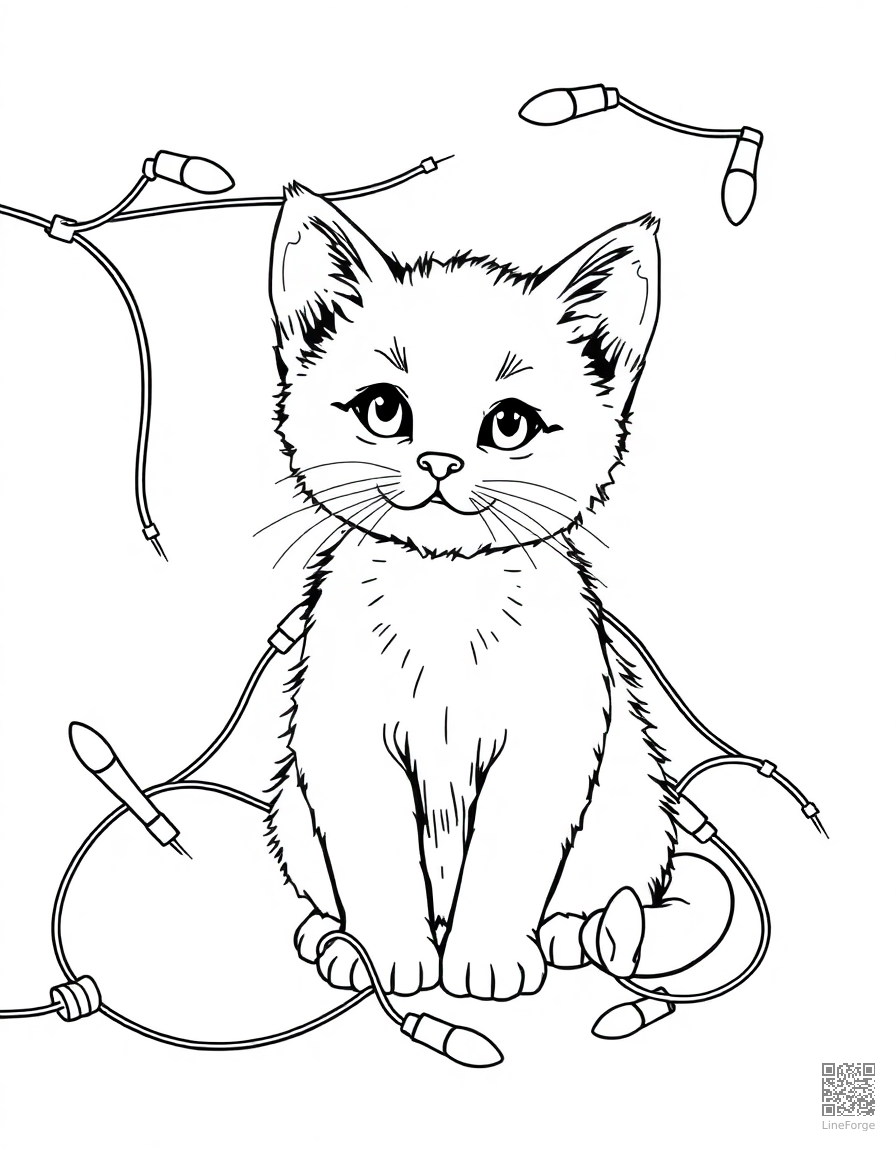 kitten tangled in Christmas lights coloring page Contour style - free printable