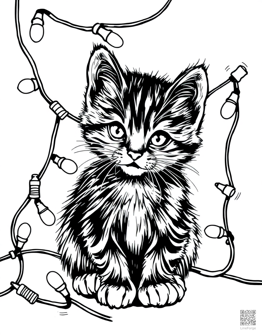 kitten tangled in Christmas lights coloring page Crosshatch style - free printable