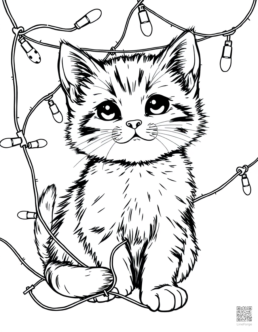 kitten tangled in Christmas lights coloring page Manga style - free printable