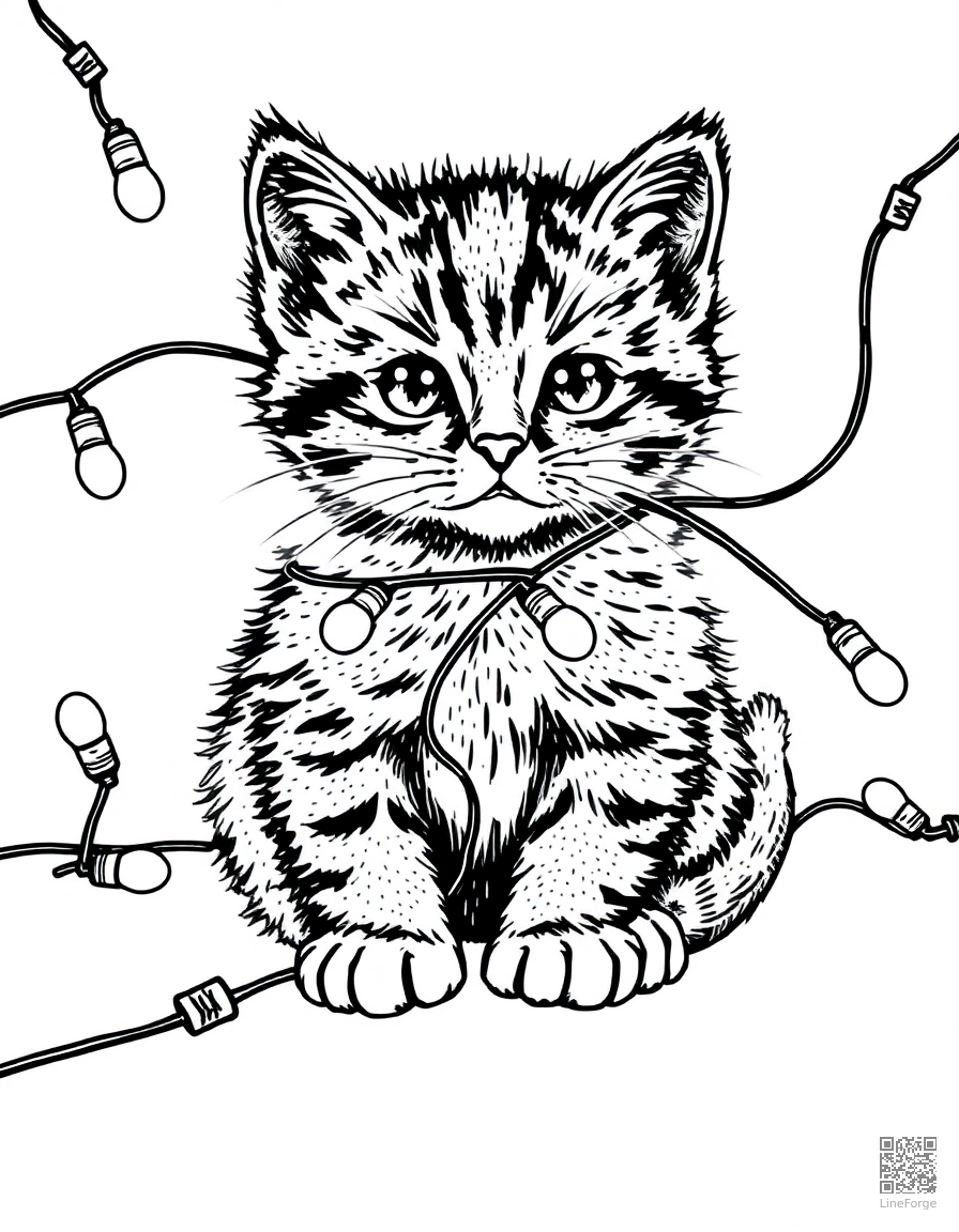 kitten tangled in Christmas lights coloring page Stipple style - free printable