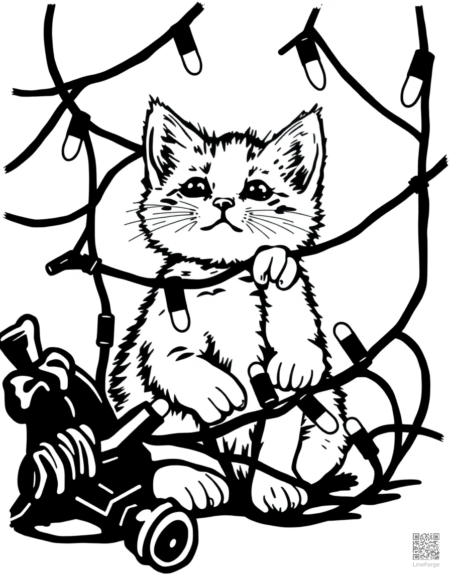 kitten tangled in Christmas lights coloring page Woodcut style - free printable