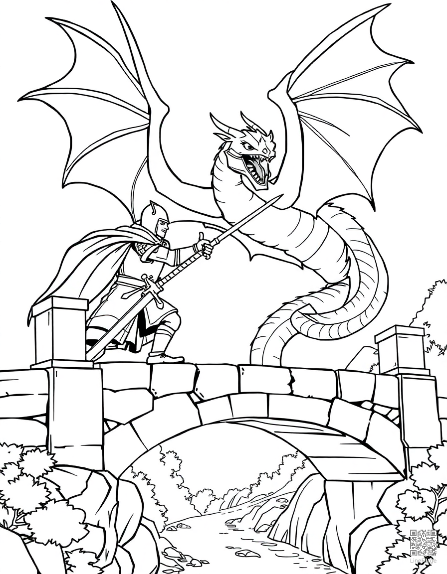 knight fighting a dragon on a bridge coloring page Contour style - free printable
