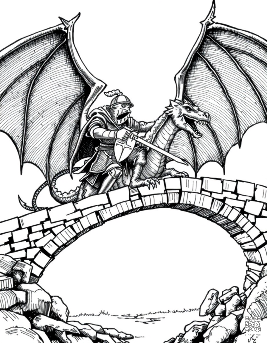 knight fighting a dragon on a bridge coloring page Crosshatch style - free printable