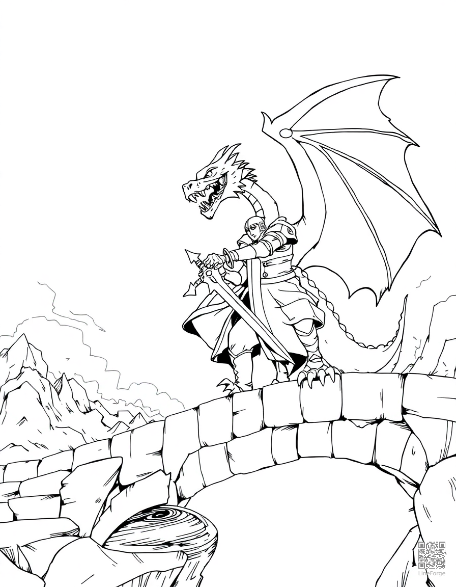 knight fighting a dragon on a bridge coloring page Manga style - free printable