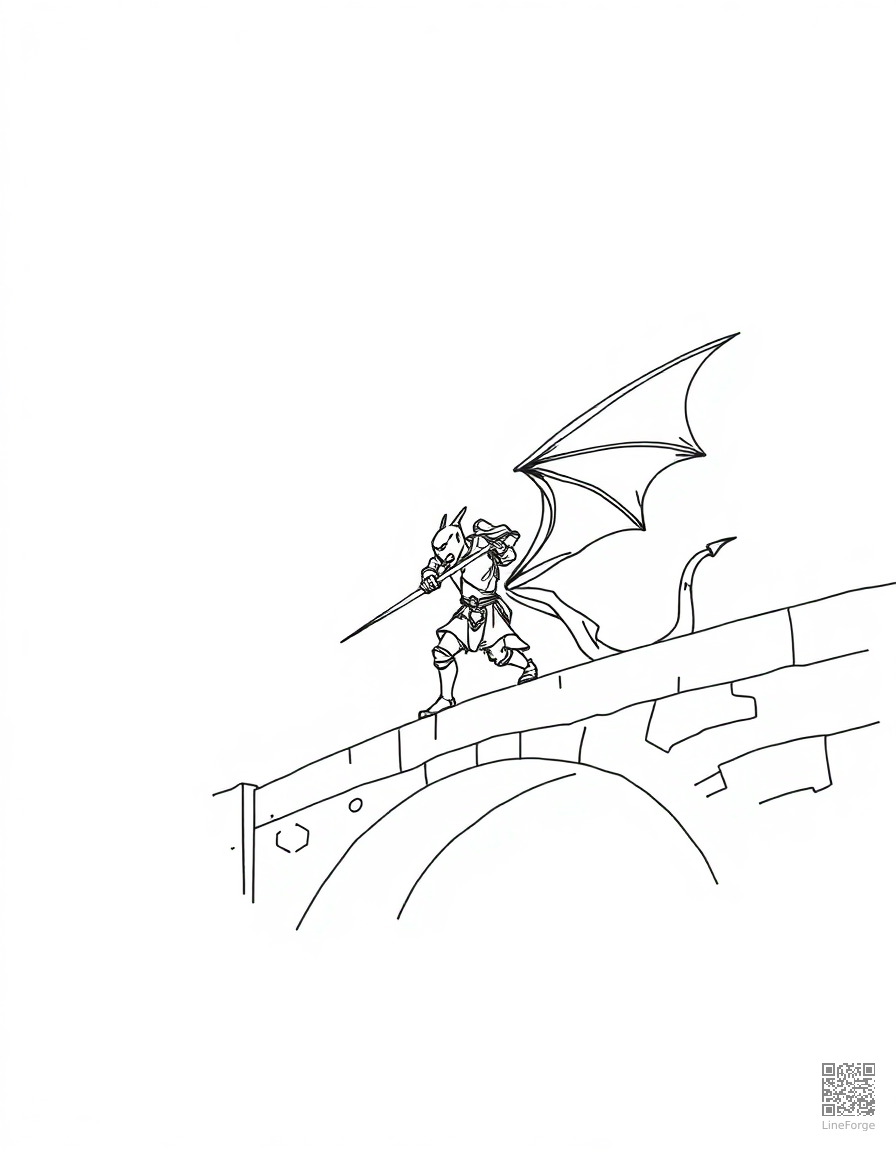 knight fighting a dragon on a bridge coloring page Minimal style - free printable