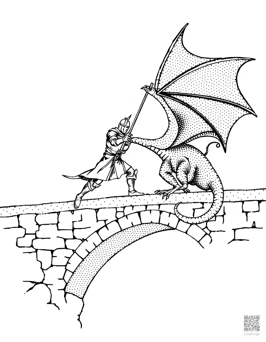 knight fighting a dragon on a bridge coloring page Stipple style - free printable