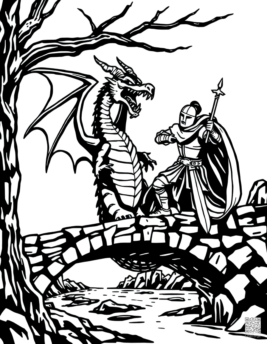 knight fighting a dragon on a bridge coloring page Woodcut style - free printable