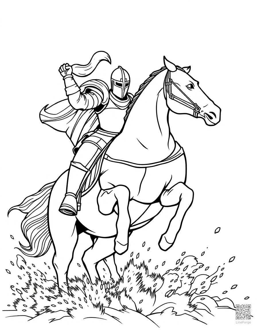 knight on horseback charging into battle coloring page Contour style - free printable