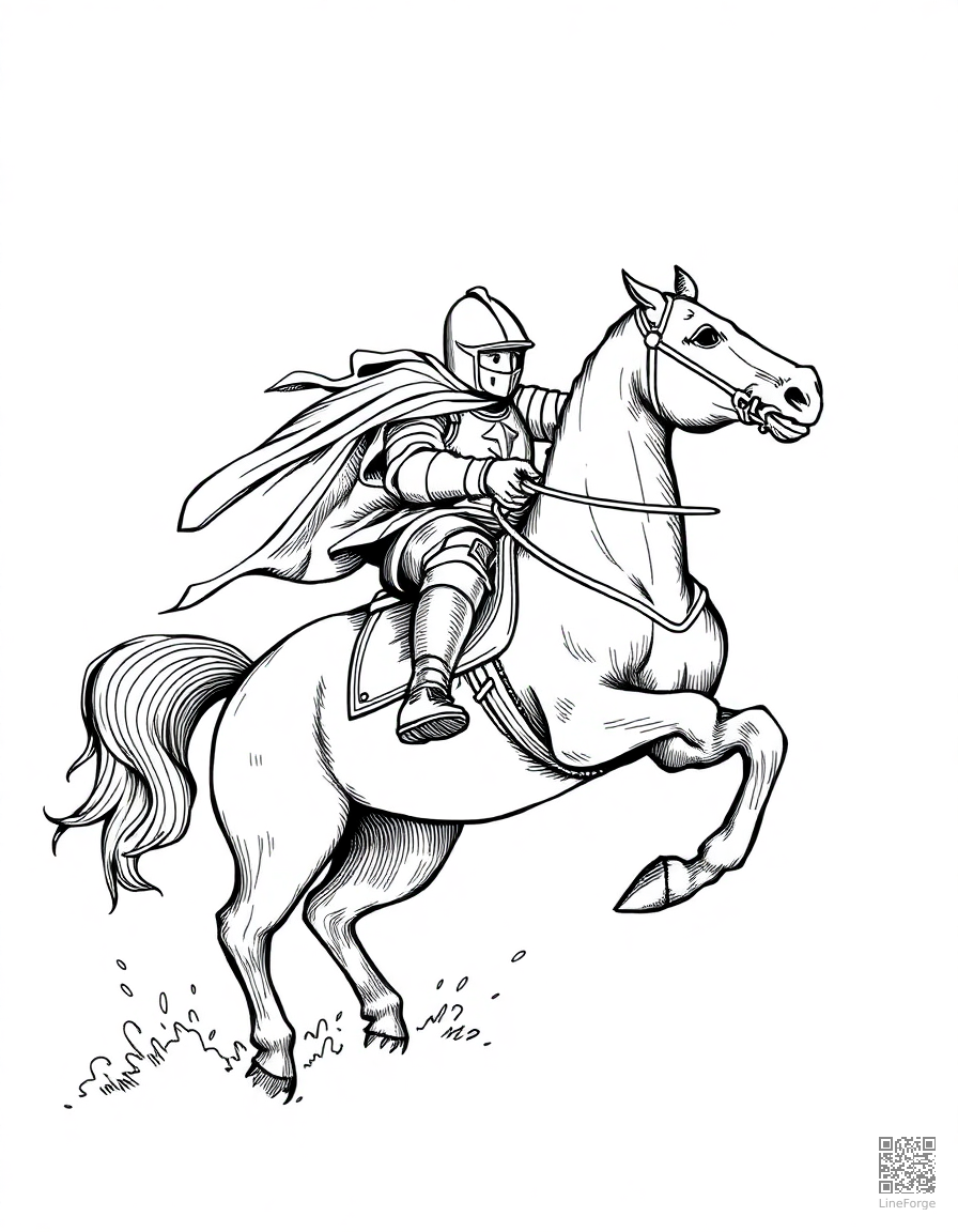 knight on horseback charging into battle coloring page Crosshatch style - free printable