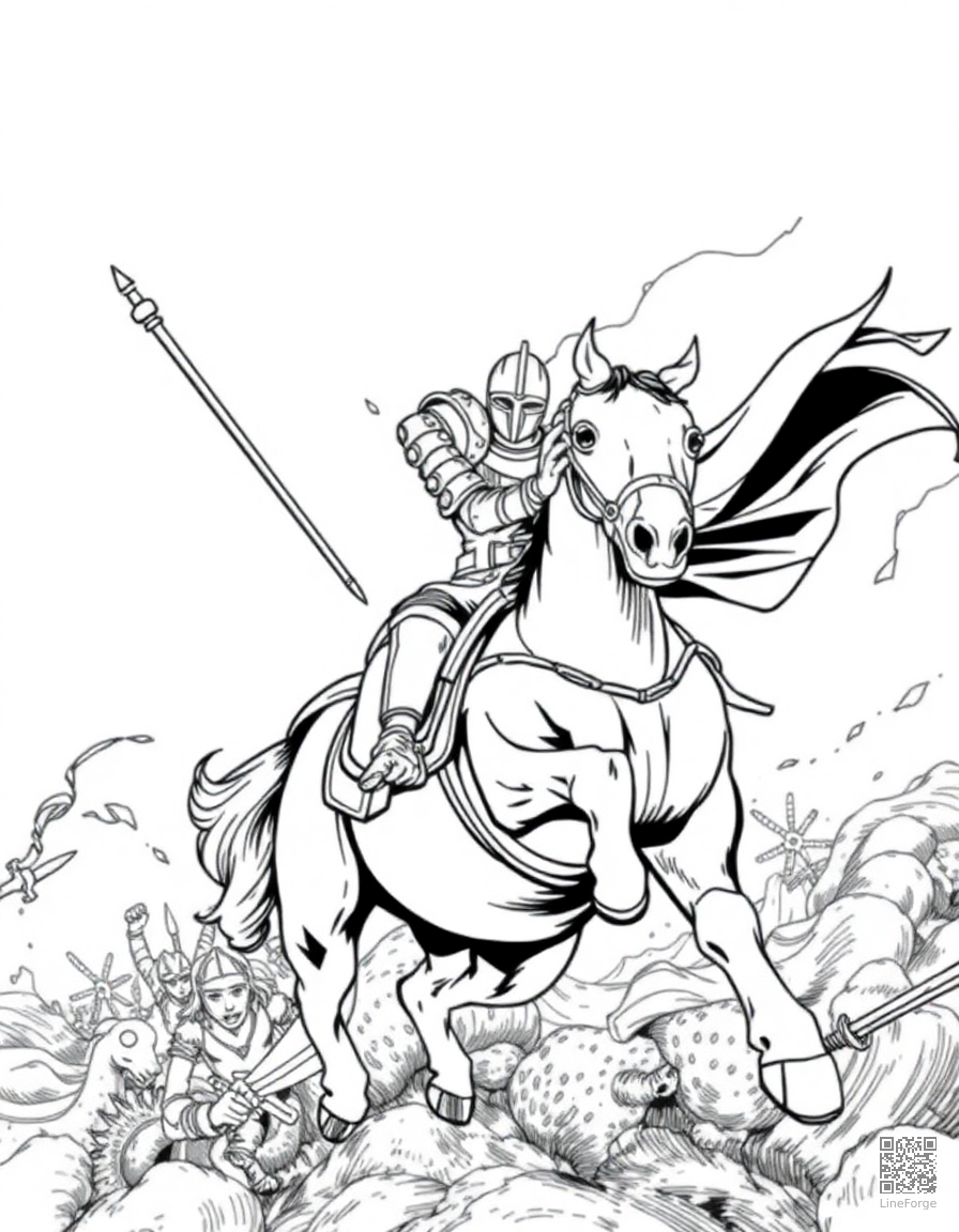 knight on horseback charging into battle coloring page Manga style - free printable