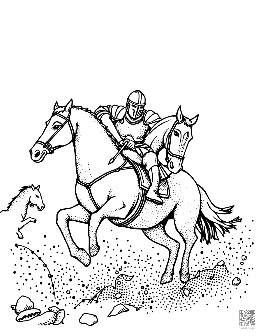 knight on horseback charging into battle coloring page Stipple style - free printable
