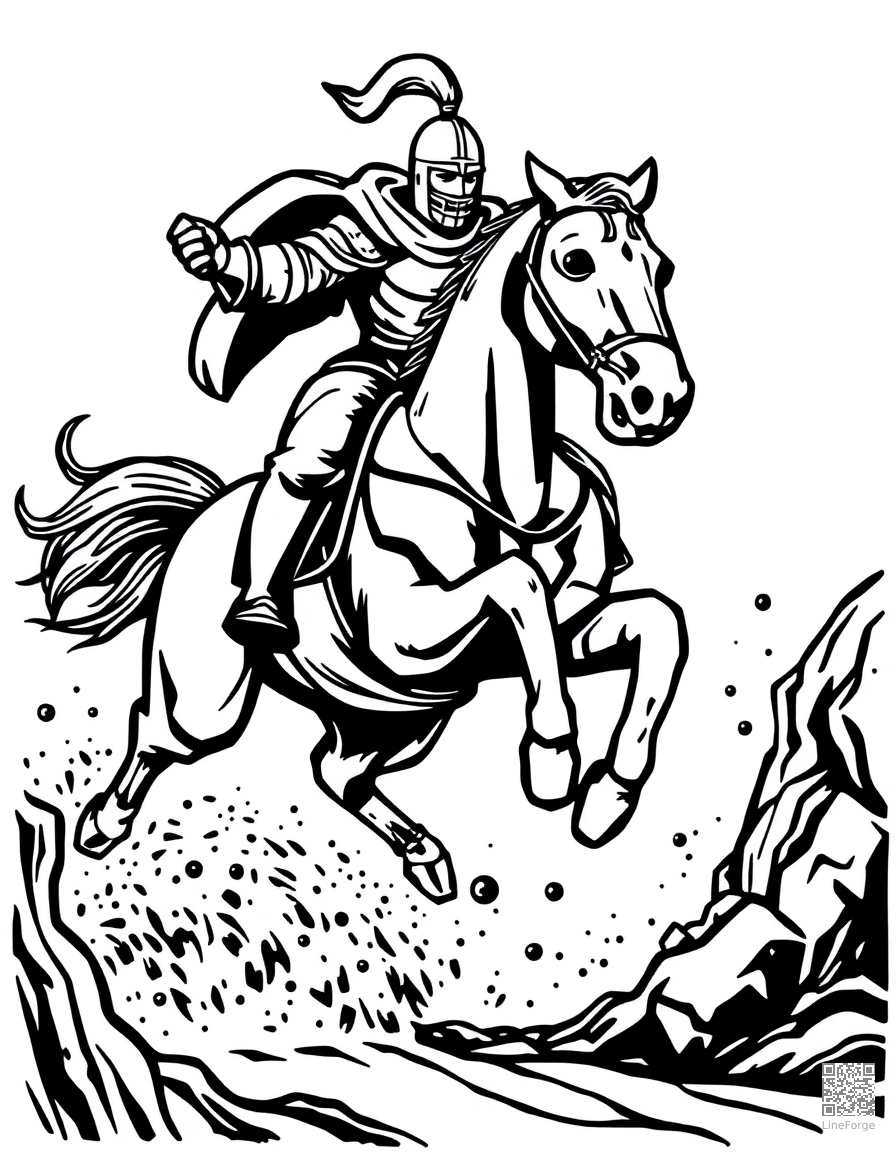 knight on horseback charging into battle coloring page Woodcut style - free printable