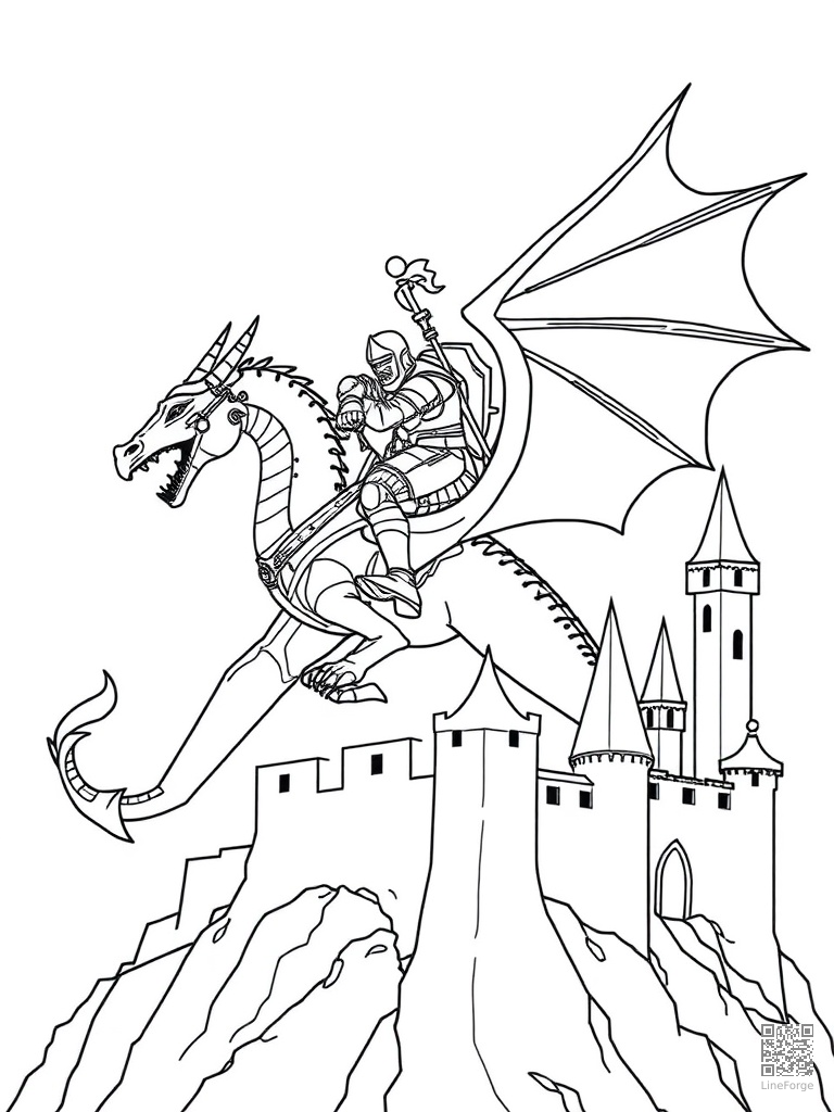 Knight riding a dragon into battle over fortress coloring page Contour style - free printable