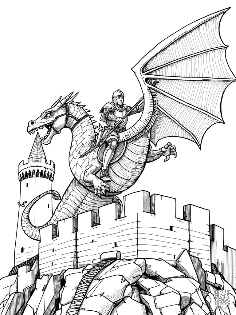 Knight riding a dragon into battle over fortress coloring page Crosshatch style - free printable