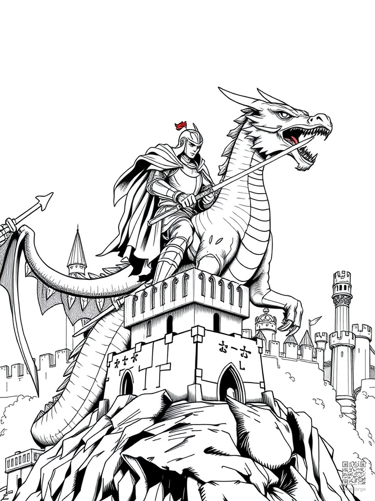 Knight riding a dragon into battle over fortress coloring page Manga style - free printable
