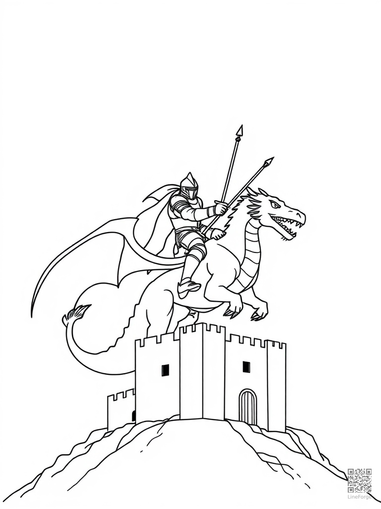 Knight riding a dragon into battle over fortress coloring page Minimal style - free printable