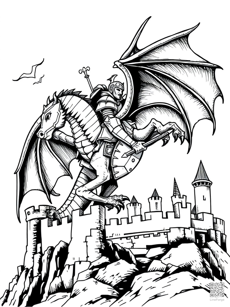 Knight riding a dragon into battle over fortress coloring page Woodcut style - free printable