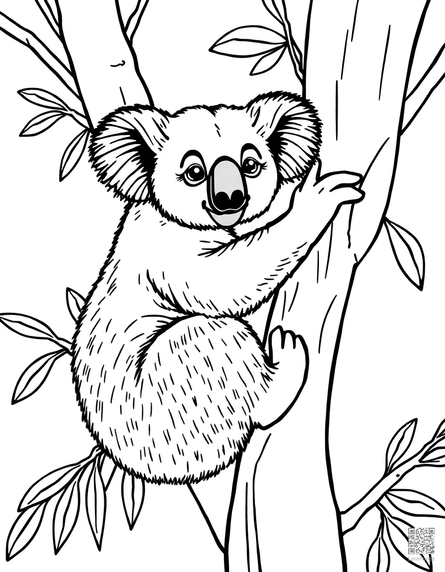 Koala bear clinging to a eucalyptus tree coloring page Contour style - free printable