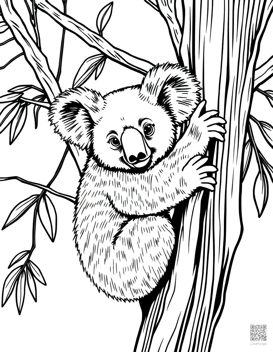 Free koala bear clinging to a eucalyptus tree coloring page in crosshatch style — printable line art