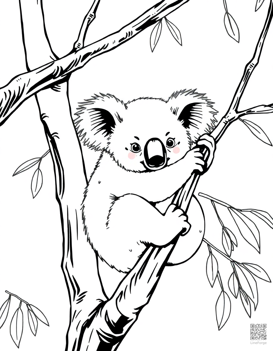 Koala bear clinging to a eucalyptus tree coloring page Manga style - free printable