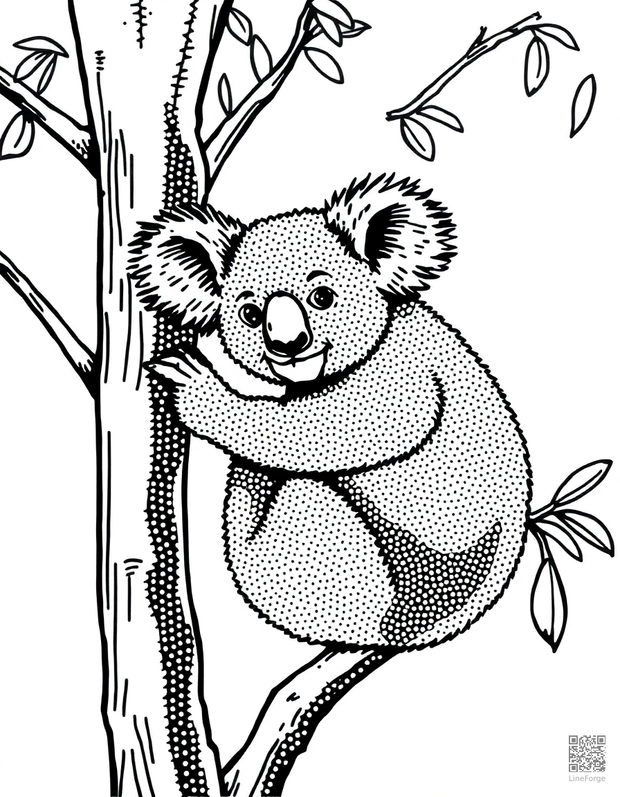 Koala bear clinging to a eucalyptus tree coloring page Stipple style - free printable