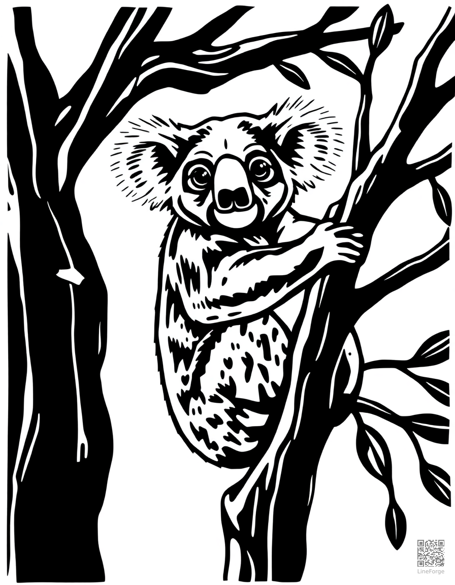 Free koala bear clinging to a eucalyptus tree coloring page in woodcut style — printable line art