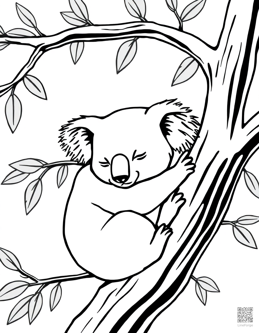 Free koala sleeping in a eucalyptus tree coloring page in contour style — printable line art