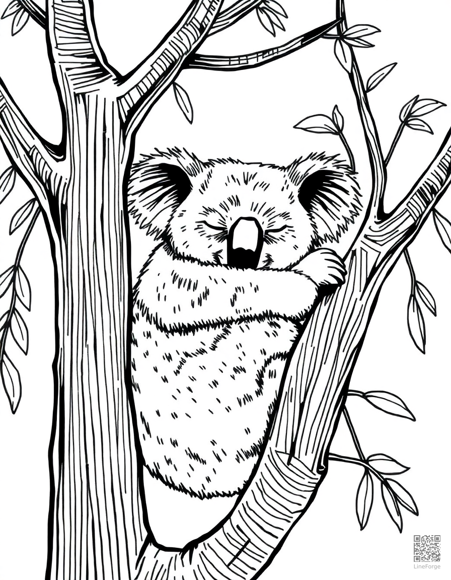 koala sleeping in a eucalyptus tree coloring page Crosshatch style - free printable