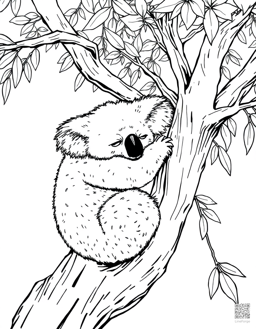 Free koala sleeping in a eucalyptus tree coloring page in manga style — printable line art