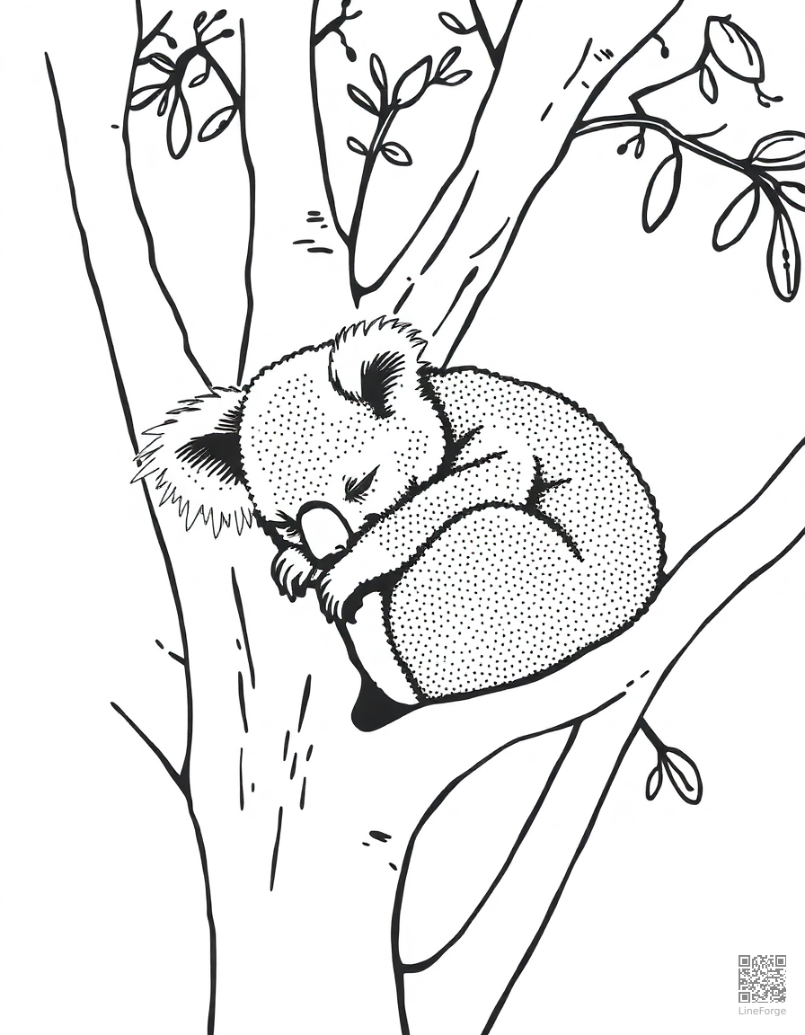 Free koala sleeping in a eucalyptus tree coloring page in stipple style — printable line art