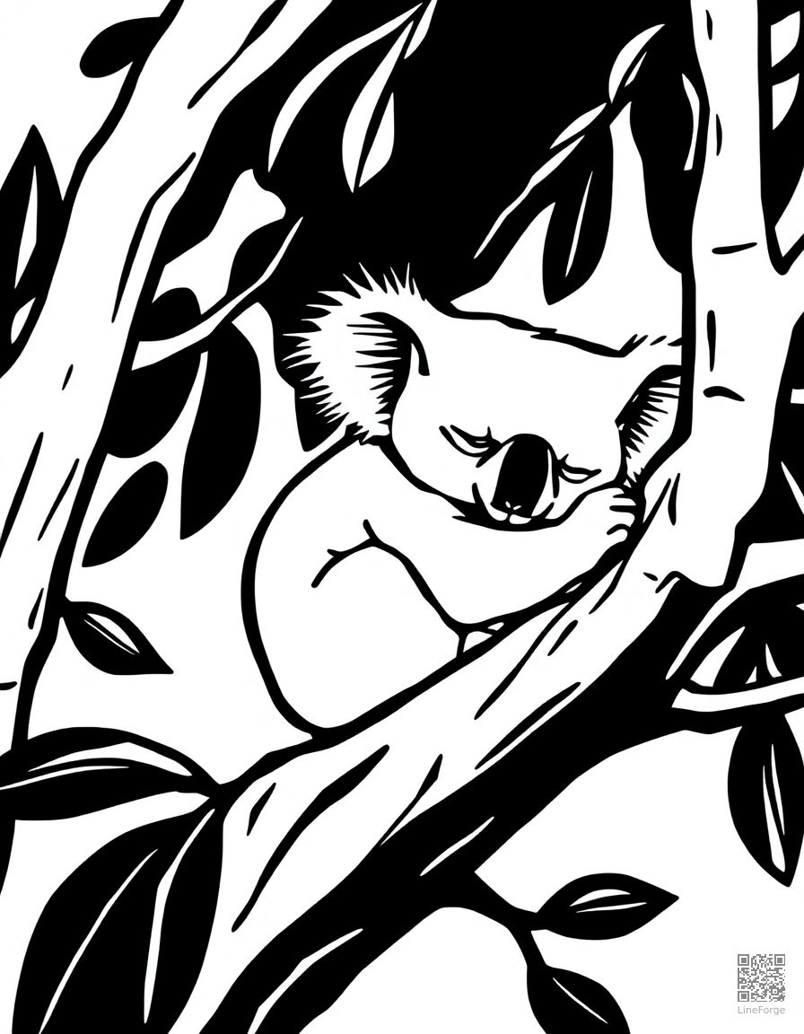 koala sleeping in a eucalyptus tree coloring page Woodcut style - free printable