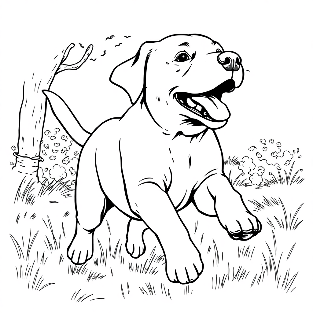 Labrador Retriever dog — playing and running, energetic and joyful coloring page Rockwell style free printable