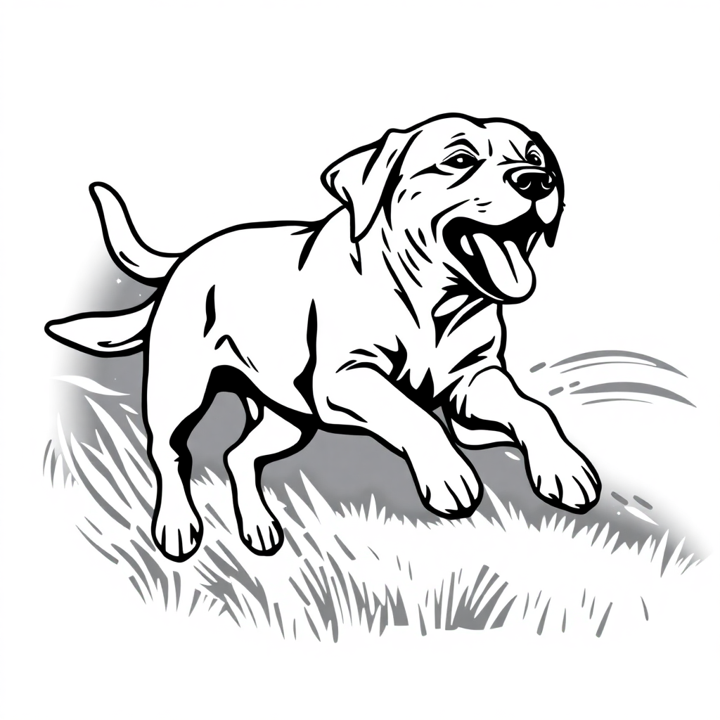 Labrador Retriever dog — playing and running, energetic and joyful coloring page Woodcut style - free printable
