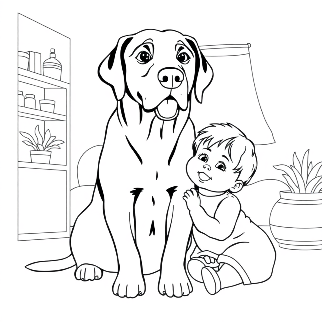 Labrador Retriever dog — with a young child in a cozy home setting coloring page Contour style - free printable
