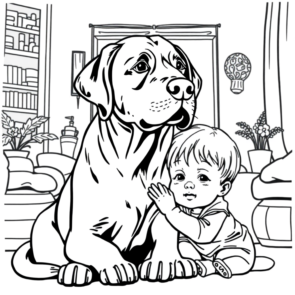 Labrador Retriever dog — with a young child in a cozy home setting coloring page Manga style - free printable